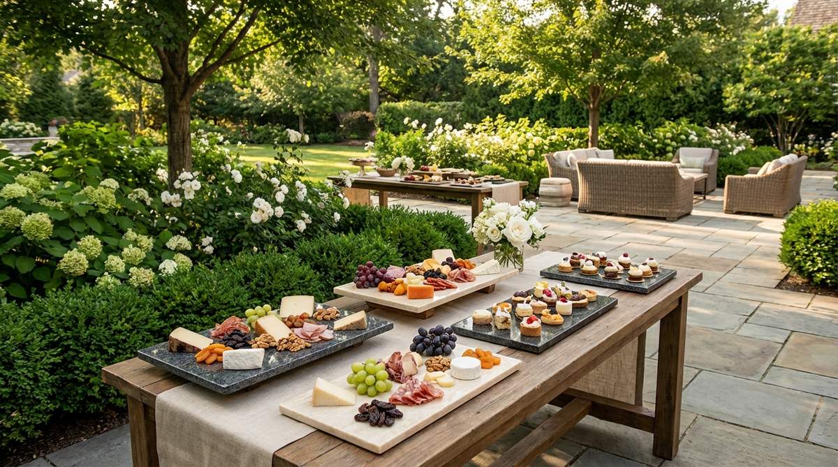 Polished granite or marble serving boards used as elegant platforms for appetizer displays or dessert bars at garden weddings. The cool stone surface keeps food fresh while providing a refined presentation base, perfect for charcuterie, artisan cheeses, or desserts arranged in geometric patterns.