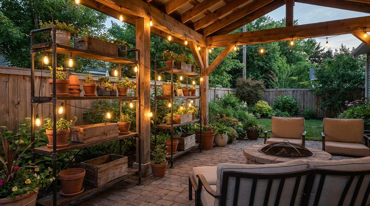 Warm-white string lights woven through industrial pipe shelving or draped along exposed beams, adding magical ambiance with vintage-style bulbs to soften architecture and create a welcoming, bohemian lighting effect.