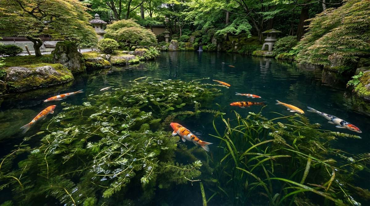 A dense cluster of hornwort, anacharis, and vallisneria plants submerged in the deep zones of a Japanese garden pond, photosynthesizing to oxygenate the water and consume nutrients that prevent algae growth, with koi fish browsing nearby for dietary fiber.