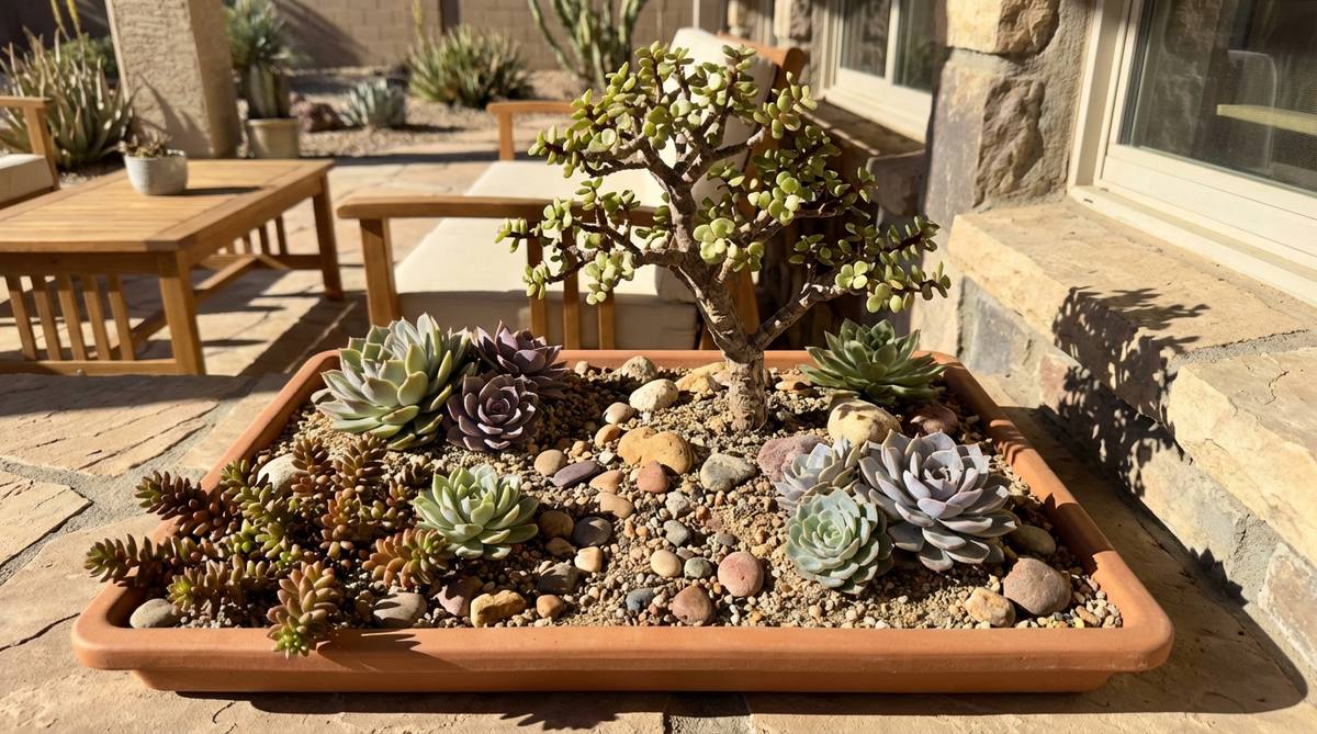 A miniature desert landscape featuring a Portulacaria afra bonsai surrounded by small succulents like Echeveria and Sedum in a shallow rectangular tray with sandy soil and decorative pebbles. This drought-tolerant arrangement thrives in south or west windows with intense afternoon sun, perfect for forgetful gardeners and travelers.
