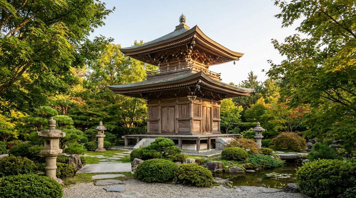 A miniature two-story pagoda tower in a Japanese garden, featuring stacked roofs with ornamental finials and decorative brackets (tokyō). This 12-16 foot tall structure serves as a vertical focal point, referencing Buddhist cosmology while providing display space for religious statuary or seasonal ornaments.