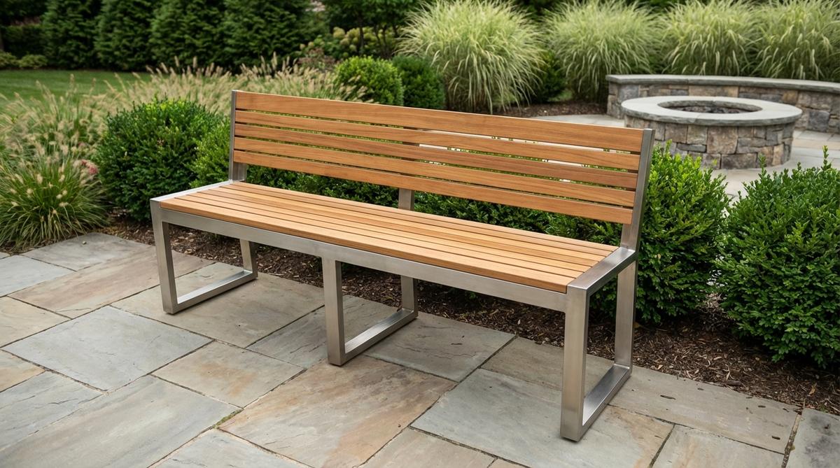 A contemporary garden bench featuring slat-style teak seats mounted on a brushed stainless steel frame, combining wood's natural warmth with metal's precision engineering. This hybrid design offers classic aesthetics with proven durability, suitable for both formal and casual garden settings.