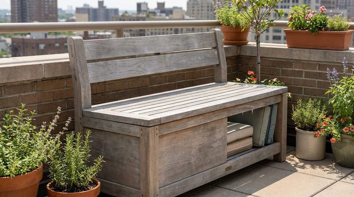 A solid teak storage bench with backrest, perfect for urban balconies. Features weather-resistant construction that develops a silver-gray patina over time, built-in backrest for comfortable seating, and spacious interior storage compartments for outdoor cushions, rugs, or planters. Constructed with durable mortise-and-tenon joinery for long-lasting stability.