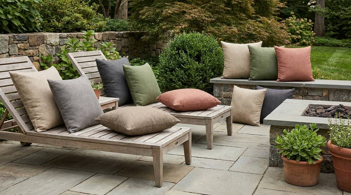 Outdoor decor pillows featuring textured linen-look solids in various colors, designed to mimic natural linen with an irregular weave that adds visual interest and depth to outdoor spaces. These versatile base pillows support seasonal accent colors, offering an organic and high-end appearance while maintaining full weather resistance for durable outdoor use.