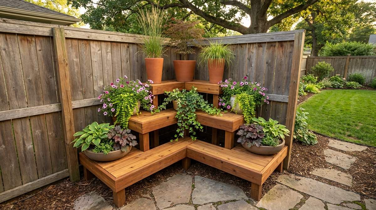 A tiered corner plant stand in a small backyard garden, featuring L-shaped or quarter-circle staging units that fit snugly into unused corner spaces. The design maximizes awkward angles where fences meet, with 3-4 levels of container display within a 30-inch footprint. Plants are arranged by height, with tallest on top shelves, trailing specimens on middle tiers, and low mounds at ground level, creating a flowing waterfall effect that draws the eye upward.