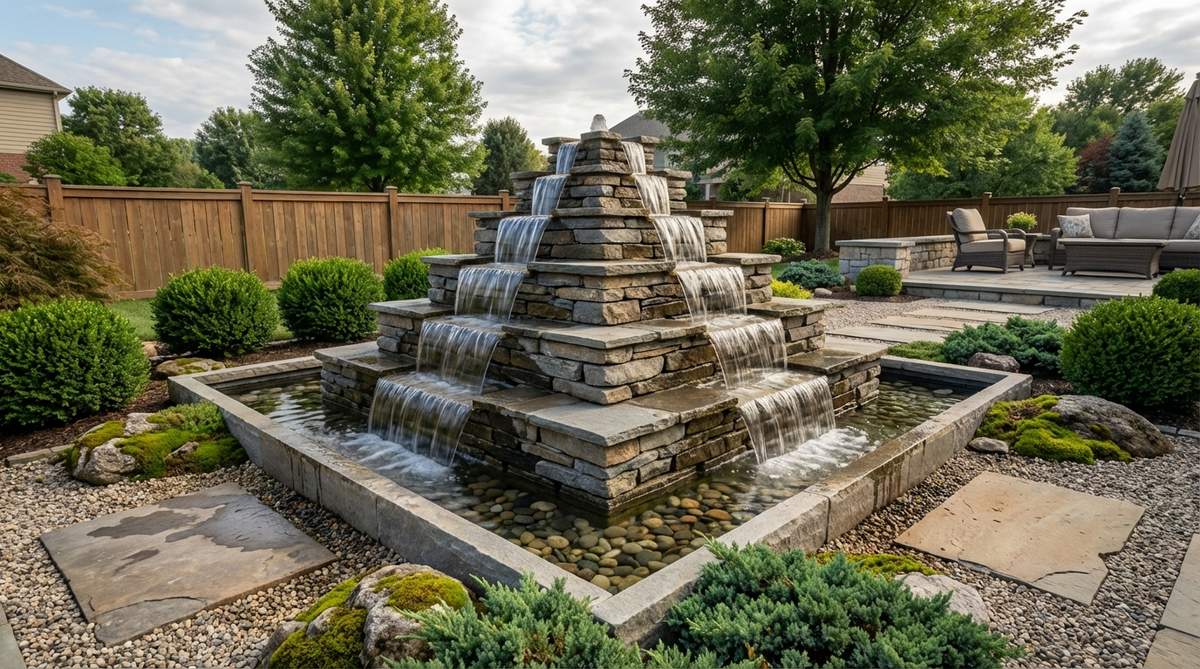 A symmetrical tiered rock pyramid fountain in a formal Zen garden, featuring flat stones stacked in a descending pyramid formation with water sheeting across each level into a basin below, creating balanced visual composition and uniform water sounds.