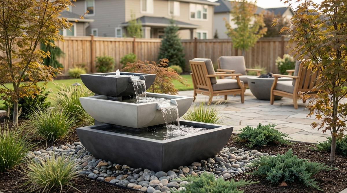 A modern Japanese garden feature showing stacked concrete basins in graduated sizes, creating a tiered spill fountain. Water cascades from the smallest to largest geometric-shaped basins, producing layered acoustics. Finished with smooth concrete sealers in charcoal or pale gray tones.