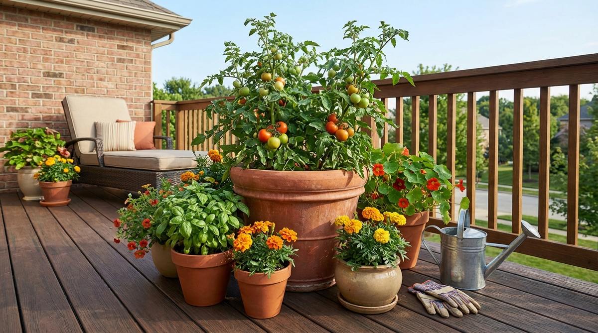 A container gardening arrangement showing a large central pot with a determinate tomato plant surrounded by smaller pots of basil, marigolds, and nasturtiums. This companion planting cluster demonstrates space-efficient balcony gardening with pest management benefits and visual appeal.