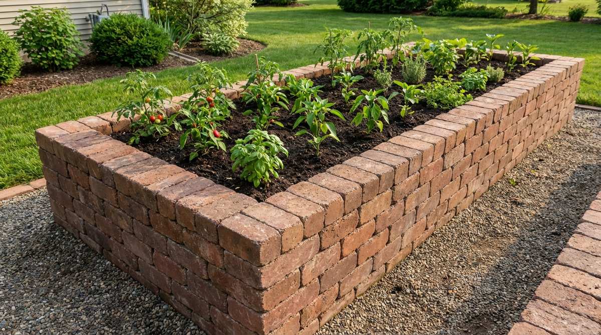 A traditional raised garden bed constructed with stacked bricks in a running bond pattern, showing improved drainage and elevated soil structure for extended growing seasons. The design demonstrates accessibility features with reduced bending requirements and thermal mass benefits from the brick construction.