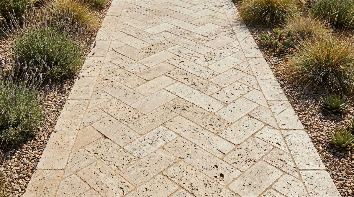 A close-up view of travertine pavers arranged in a herringbone pattern, showcasing their porous surface and neutral beige tones that provide excellent traction and remain cool underfoot. The pavers are set with 1/4-inch joints filled with polymeric sand, surrounded by drought-tolerant plants and gravel mulch, highlighting the stone's Mediterranean character and natural pitting that catches light.