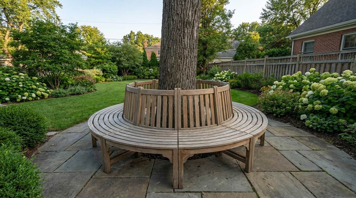 A circular tree bench with modular sections designed for small gardens, offering 350-degree seating around tree trunks or planters in a compact 4-6 foot diameter, ideal for creating social gathering spots without requiring tree removal.