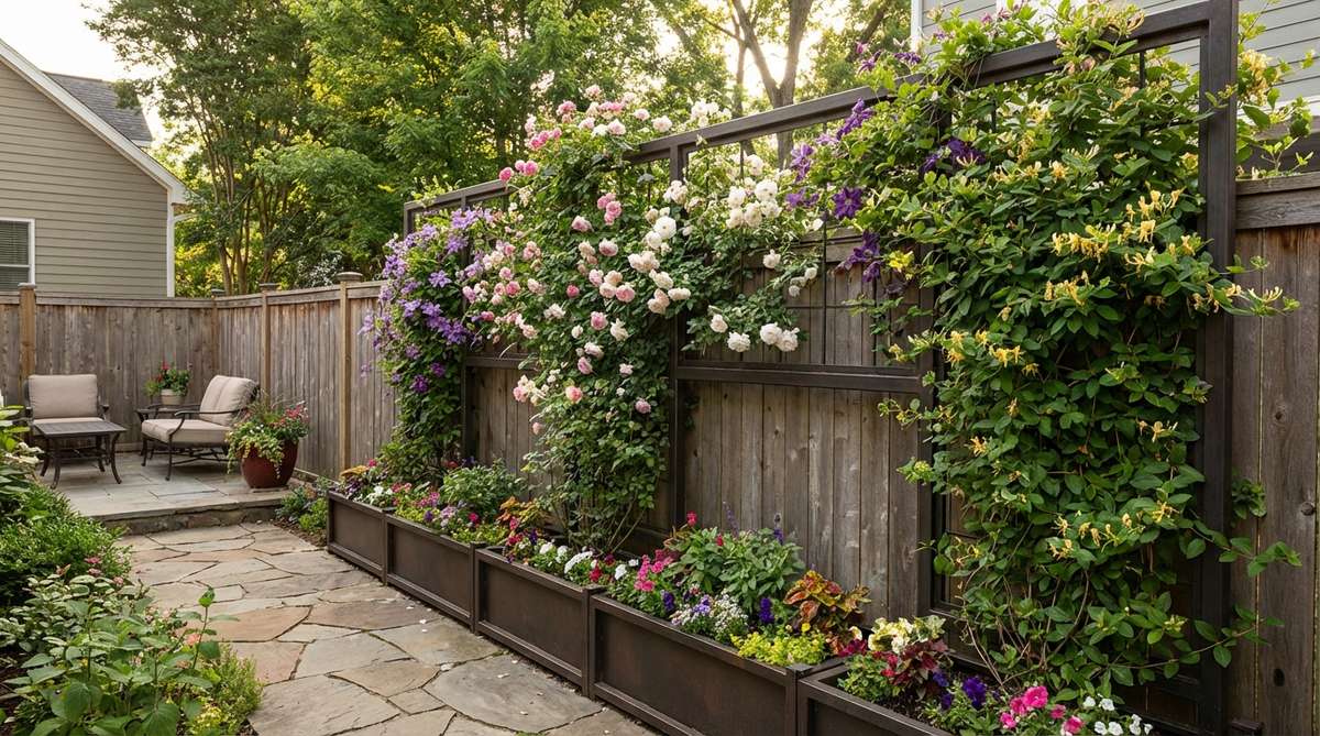 A small garden fence featuring elevated planter boxes integrated at the base with a trellis structure supporting climbing plants like clematis, honeysuckle, and climbing roses, creating a green privacy screen and maximizing planting space in limited garden areas.