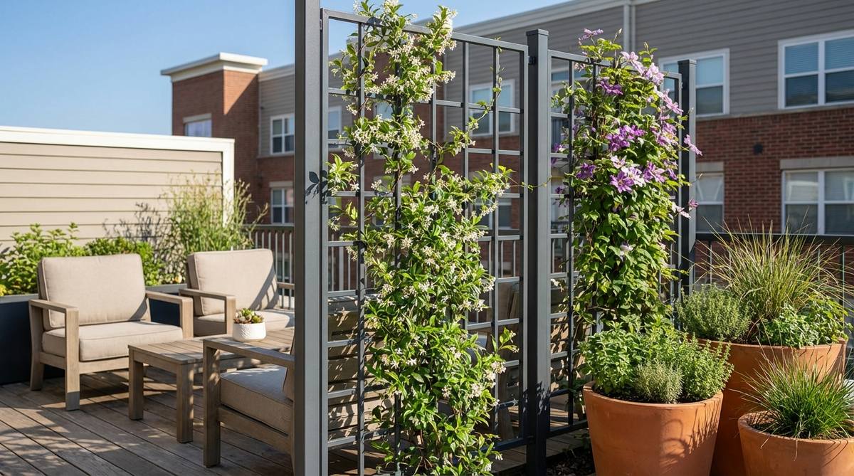 A contemporary powder-coated steel trellis system on a balcony, supporting flowering vines like jasmine or clematis. The trellis is positioned as a divider between seating and planting areas, creating a living privacy screen that filters light while maintaining airflow.