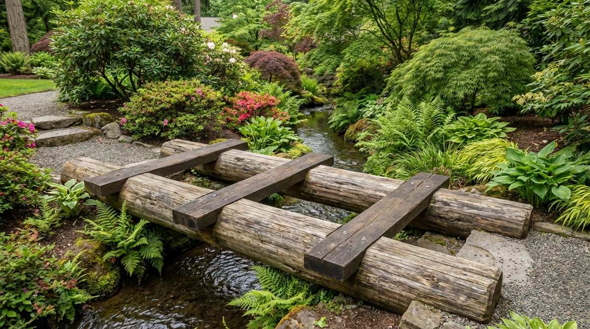 A rustic Japanese garden bridge featuring two parallel logs spaced 18-24 inches apart with cross-planks forming a stable walking surface. The design shows notched cross-planks secured with galvanized screws, creating a visually substantial yet simple crossing suitable for streams up to 12 feet wide.
