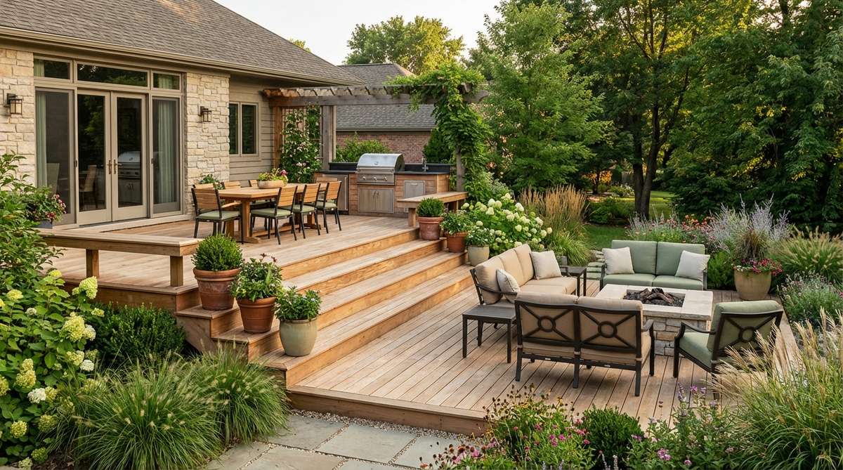 A small garden decking design featuring a two-tier layout with an upper dining area near the house and a lower lounging deck, separated by wide steps that serve as seating or plant displays, ideal for creating distinct outdoor activity zones.