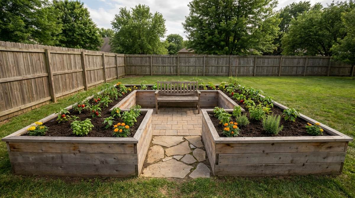 A diagram showing a U-shaped raised garden bed with three connected sections forming a U configuration, open towards a patio or pathway. The design features dimensions of 3 feet wide and 6-8 feet long for each arm, with a 4-foot opening, creating an accessible workspace ideal for wheelchair users or seated gardening, allowing all plants to be within easy reach from the center.