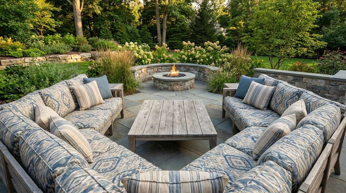 A U-shaped sectional lounge arranged around a central coffee table in an outdoor setting, featuring weatherproof cushions in coordinating patterns. This layout creates intimate conversation pits for 6-10 guests while maintaining sight lines across the group. The open end of the U faces focal features like fire pits or water features, blending color with garden greenery for inclusive discussion at outdoor parties.