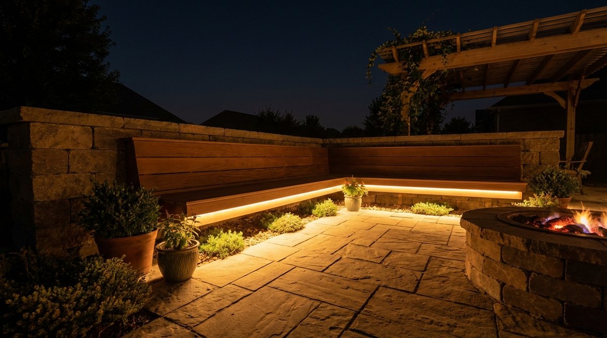 A cozy garden scene at night featuring under-bench lighting with warm amber LED strip lights installed beneath built-in seating. The lights create a subtle floating effect, illuminating the ground plane and patio levels to prevent trip hazards while providing a gentle glow that doesn't shine in guests' eyes.