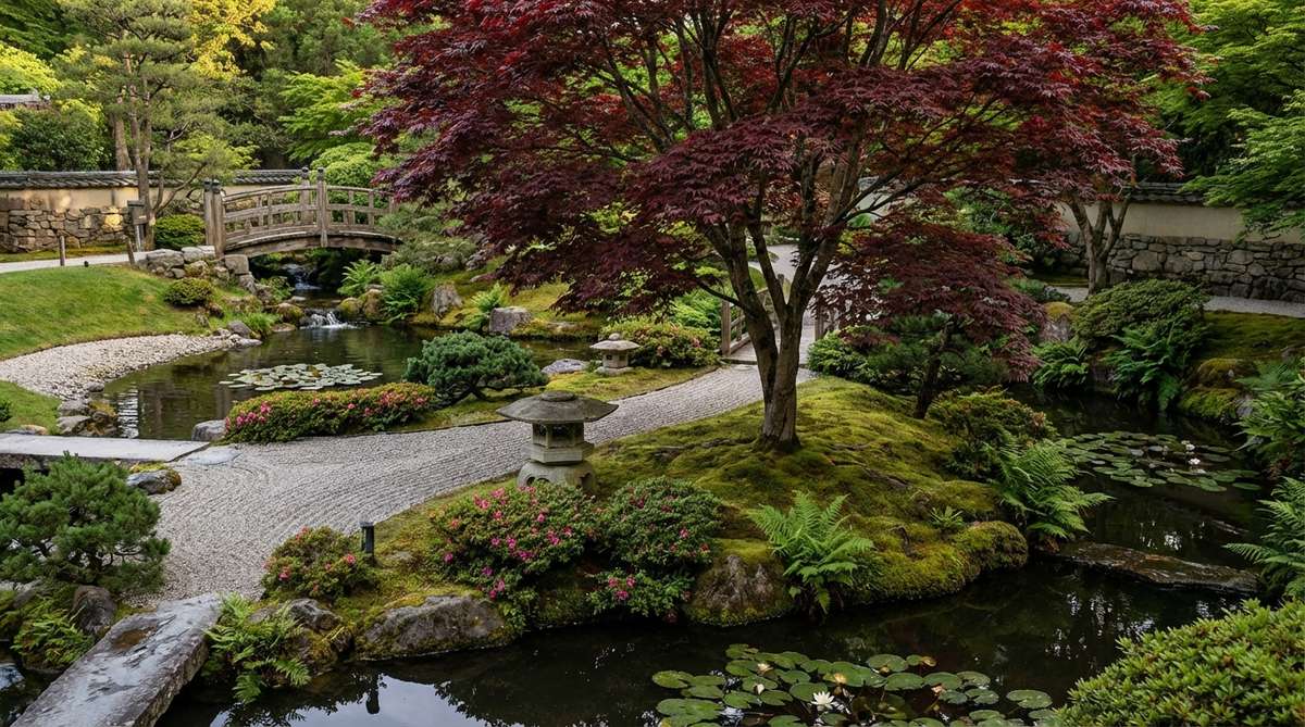 A tall, upright red maple tree serving as a vertical anchor in a Japanese garden, contrasting with horizontal water features and low plantings. The tree's strong vertical lines and interesting branch architecture create a visual exclamation point, drawing eyes upward and adding height variation to the dynamic composition.