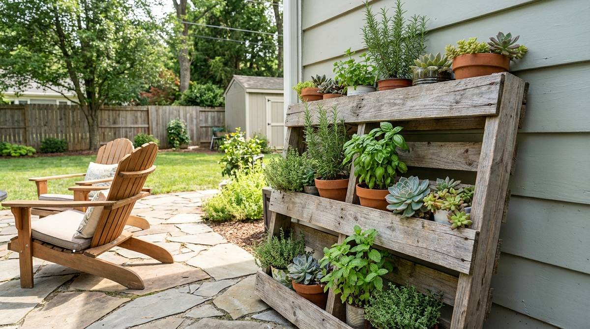 A vertical pallet planter leaning against a wall, filled with herbs and succulents, demonstrating a budget-friendly small garden idea.