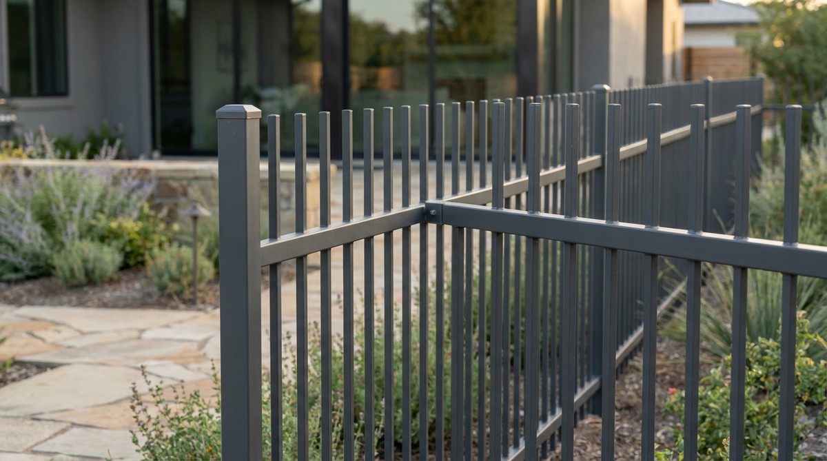 A modern garden fence featuring narrow vertical steel pickets welded to horizontal rails, creating a refined industrial aesthetic. The powder-coated matte black or charcoal gray finish provides rust resistance. This minimalist design offers security and boundary definition with clean lines suitable for contemporary architecture.