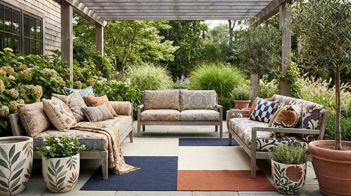 A boho decor style image showcasing the fusion of vintage patterns like paisley and damask with modern geometric abstracts and updated florals, featuring Suzani embroidered pillows alongside contemporary botanical prints and color-blocked designs, unified by shared accent colors to create a timeless and eclectic space.