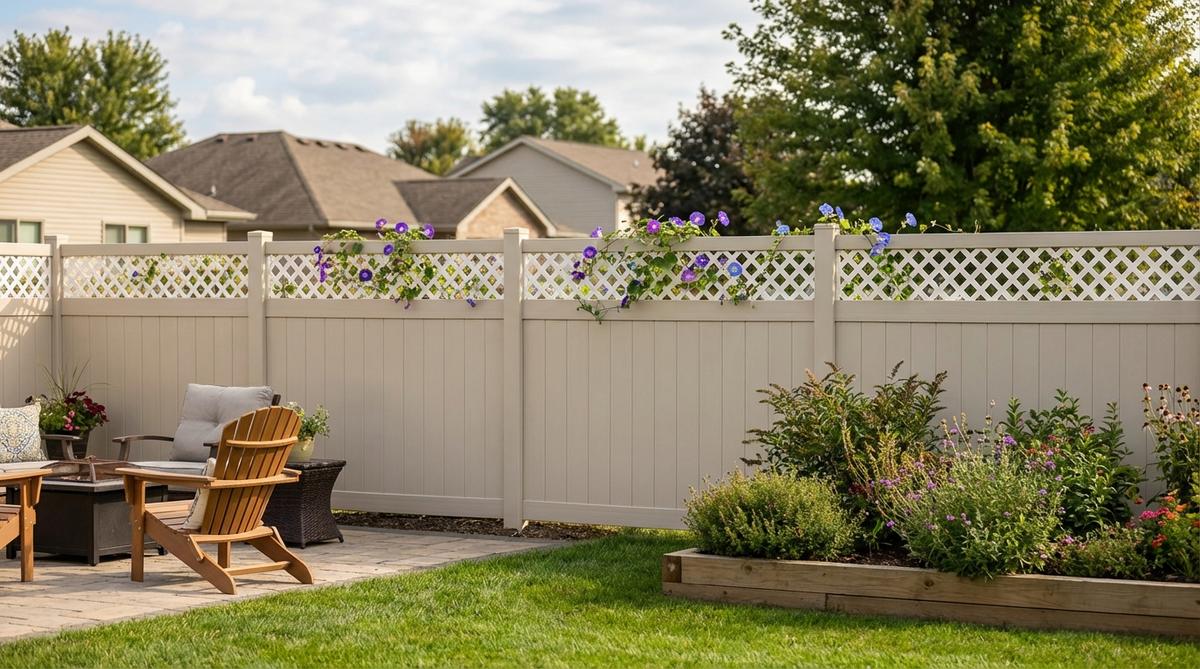 A garden fence featuring solid vinyl panels for privacy at eye level, topped with decorative lattice sections that add 12-18 inches of height. The open lattice design maintains airflow and reduces wind resistance, with lightweight vines like morning glory trained through the openings. This low-maintenance configuration satisfies HOA height restrictions while providing greater enclosure.