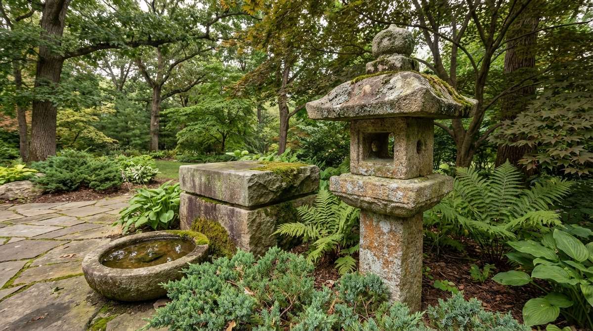 A close-up view of a Japanese tea garden lantern made from naturally weathered stone, showcasing moss growth and lichen patches that highlight traditional aging techniques and contrast with the polished surfaces of shrine lanterns.
