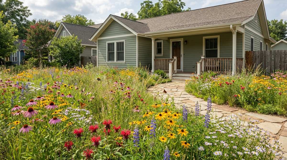 A vibrant wildflower meadow strip replacing traditional lawn in a front yard garden, featuring native wildflowers in full bloom throughout the growing season. This pollinator-friendly garden design reduces mowing needs while adding dynamic seasonal color, with wildflowers suited to the regional climate and sun exposure. The slightly untamed appearance complements cottage-style homes and provides habitat for beneficial insects that improve overall garden health.