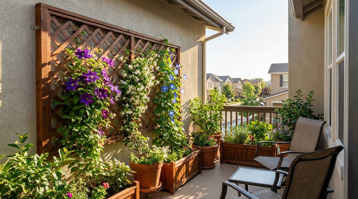 A wooden lattice trellis with traditional diamond or square grid patterns, made from cedar or pressure-treated pine, installed on a balcony wall with standoffs for air circulation. The trellis supports climbing plants like clematis, jasmine, or morning glory, with dark stain to make foliage visually pop. Ideal for creating a classic garden backdrop in balcony decor.