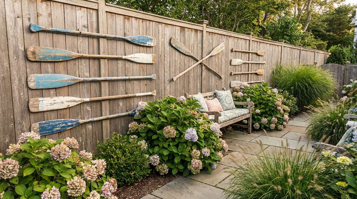 Vintage or decorative wooden oars arranged horizontally or in crossed patterns on an exterior wall, adding vertical interest and coastal charm with weathered painted finishes in blues, whites, or natural wood tones.