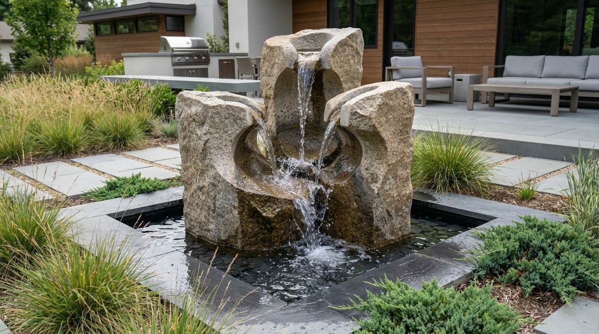 A modern stone garden fountain featuring free-form sculptures with flowing curves and hollows, carved from single blocks for structural integrity. Water follows the organic contours, creating unpredictable sound patterns and visually interesting redirections, complementing contemporary architecture and modernist landscapes.