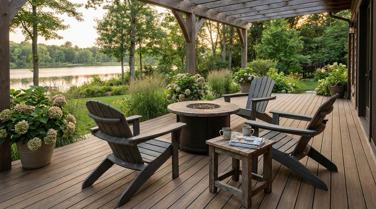 Group of three or four wide, low-slung Adirondack chairs arranged in a semi-circle on a porch, featuring poly lumber made from recycled plastic that maintains color without painting, creating casual coastal or lake house vibes ideal for relaxation and group conversation.