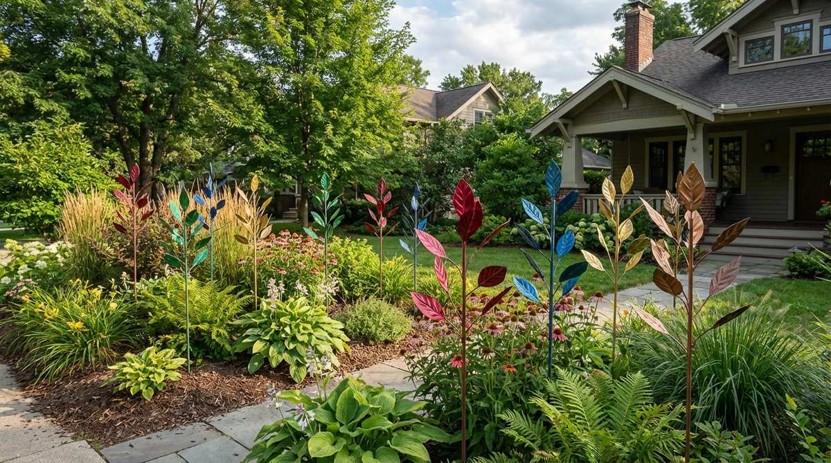 Powder-coated aluminum garden stakes with jewel tone and metallic leaf designs floating above perennial plantings. Lightweight markers ranging from 3 to 6 feet tall catch sunlight without obstructing views, clustered throughout mixed borders to extend bloom interest from spring through frost. Corrosion-resistant finish maintains vibrant color where traditional iron would rust.