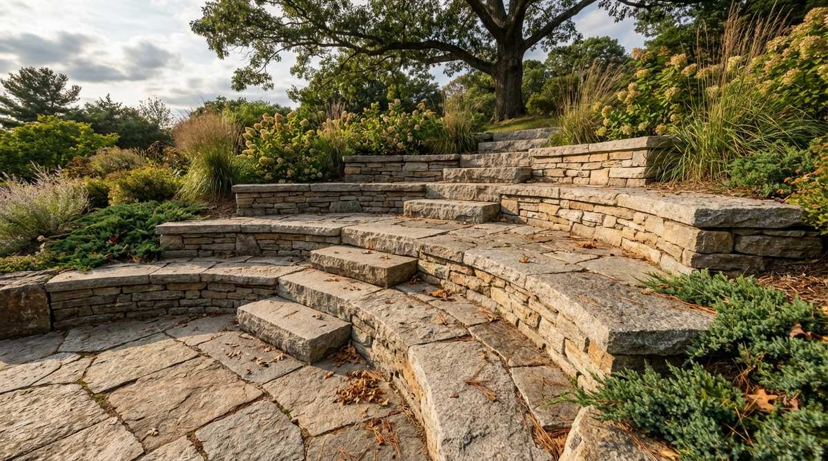 A stone garden bench design featuring concentric semicircular tiers carved into a hillside, providing graduated seating for outdoor performances or gatherings. Natural slopes eliminate the need for retaining walls, with stone treads between tiers serving as both steps and additional perching spots.