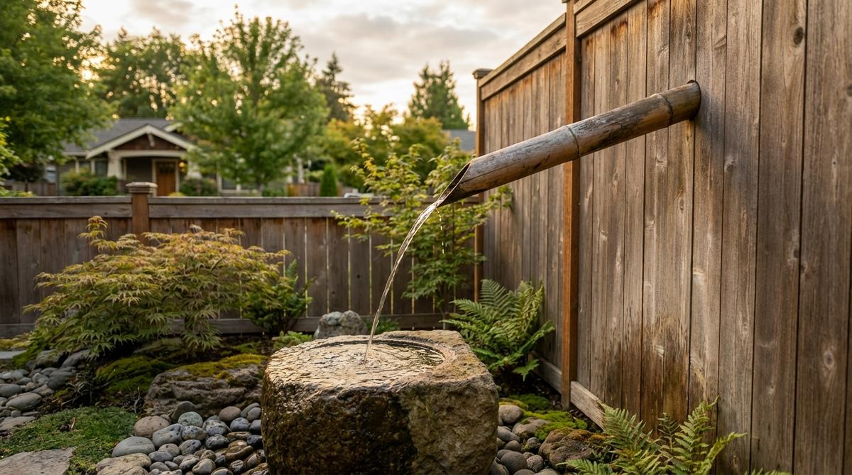 A wall-mounted kakei spout angled downward at 30-45 degrees, directing water away from vertical surfaces in a Japanese garden. Ideal for courtyard walls or fence installations with limited ground space, creating arcing water patterns that catch light beautifully during morning and evening hours. Often paired with wall-mounted basins or ground-level collection pools.