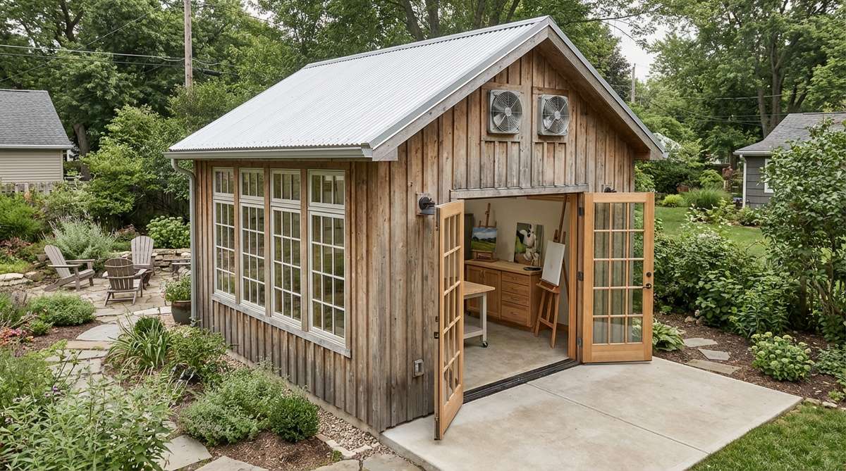 A small garden shed converted into an art studio retreat, featuring north-facing windows for consistent natural light, sealed concrete flooring, and ventilation fans for safety. The 10x8 foot space accommodates easels, storage cabinets, and work tables.