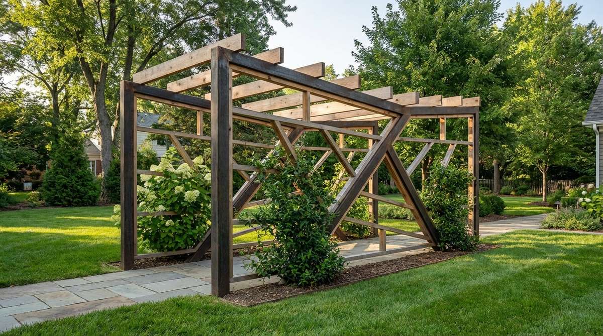 An artistic modern garden trellis featuring a deliberately asymmetric frame with unconventional angles, designed to challenge traditional trellis aesthetics while providing practical support for climbing plants like hydrangeas or evergreen vines. This unique installation combines sculpture and functionality, crafted with precision by metal fabricators or skilled woodworkers to create a bold, non-replicable garden feature.
