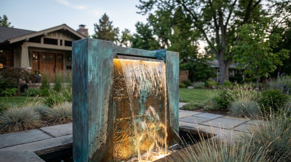 A contemporary garden sculpture featuring a water cascade with integrated LED backlighting. The light creates a glistening curtain effect as water flows over illuminated surfaces, emphasizing texture and creating dynamic visual interplay between light and liquid. The sculpture showcases a verdigris bronze finish where the blue-green patina contrasts beautifully with warm LED tones.