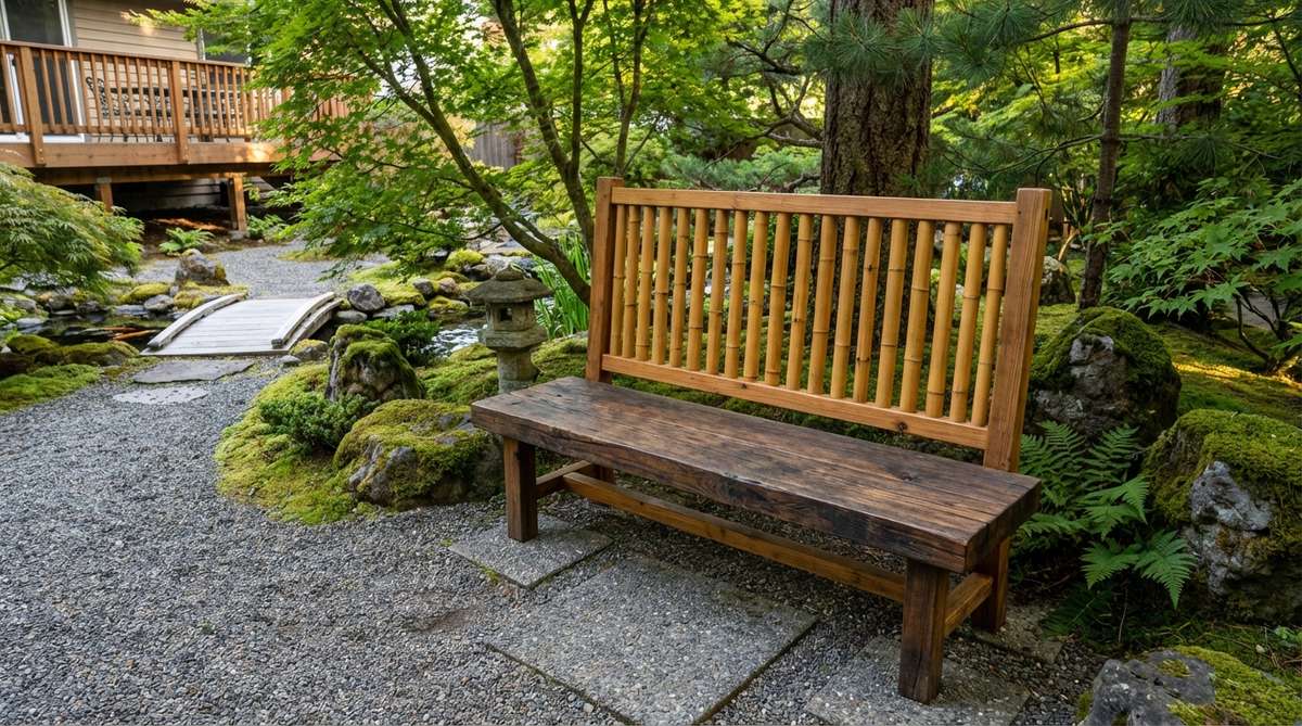 A bamboo-backed wooden bench in a Japanese garden, featuring a hardwood seat and vertical bamboo pole backrests spaced 2-3 inches apart for lumbar support. This mixed-material design highlights the contrast between hardwood and bamboo, blending formal and natural elements, ideal for transition seating between garden zones.