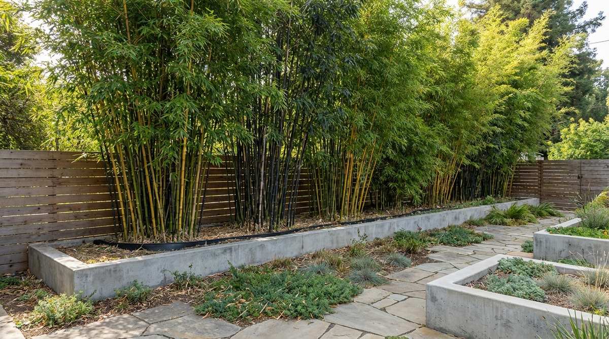 A mid-century modern garden featuring clumping bamboo varieties like golden bamboo and black bamboo used for privacy screening. The vertical drama of bamboo stems creates instant privacy with distinctive colors that provide year-round interest. Rhizome barriers are properly installed to contain spreading varieties, with plants spaced 3 feet apart for solid screening within two growing seasons.