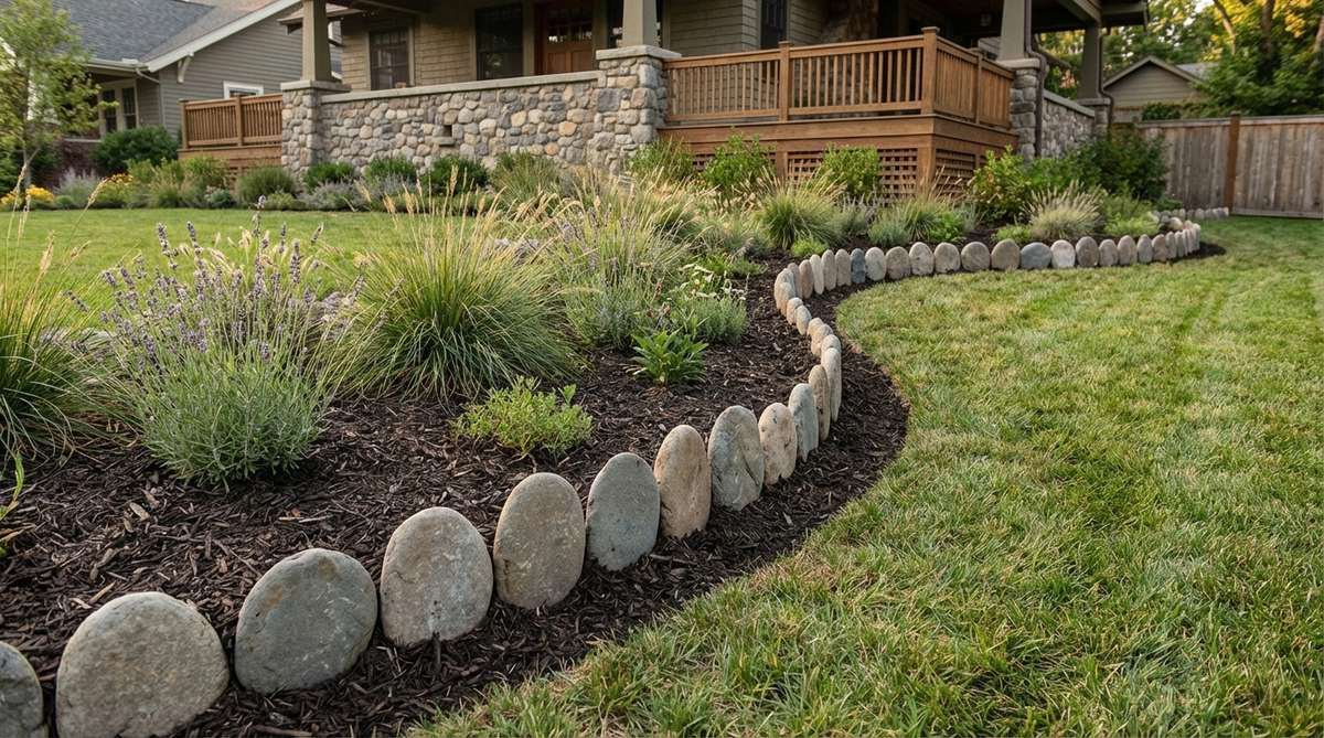 A garden border featuring flat beach stones ranging from 3-8 inches in diameter, positioned vertically with half buried for stability. This coastal edging creates an undulating, naturally weathered profile that brings maritime character to inland landscapes.