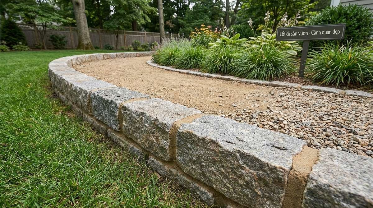 A close-up photo showing chunky granite Belgian blocks, typically 4x8x8 inches, installed as a raised curb along a gravel garden path. The blocks are set end-to-end with stone dust or polymeric sand in the joints, highlighting their substantial visual weight and suitability for grade transitions or where paths meet lawn areas.