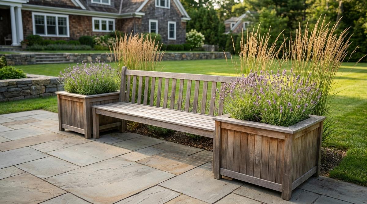 A modern wooden garden bench featuring built-in planter boxes at both ends, seamlessly combining seating and greenery. The design integrates fragrant herbs like lavender and ornamental grasses, creating a cohesive unit that defines patio edges while contrasting horizontal and vertical elements. Constructed from durable, rot-resistant materials suitable for outdoor environments.