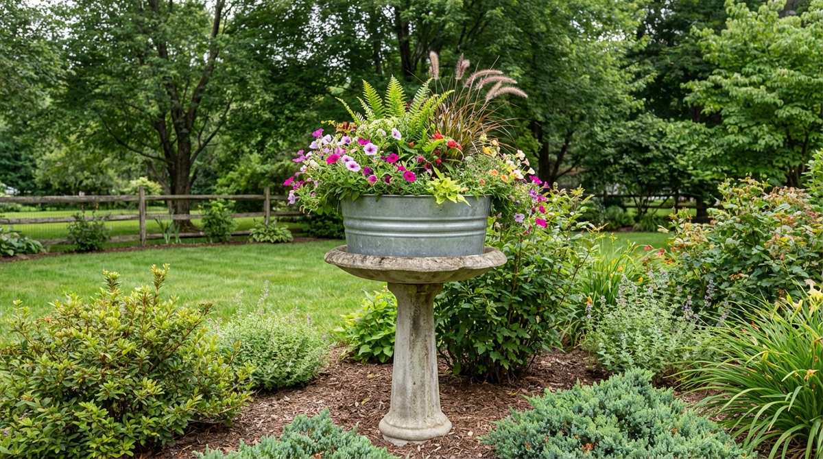 A concrete birdbath pedestal supporting a galvanized tub planter at optimal viewing height, with stable base for heavy soil loads and elevated position to protect plants from pests.