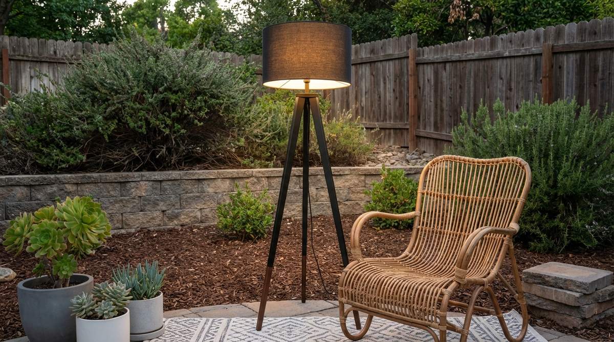 A black tripod floor lamp with three legs in wood or metal, featuring mid-century modern design that complements boho decor. Positioned beside a reading chair or in a corner to provide task lighting and sculptural interest, its clean lines ground eclectic spaces without visual clutter.