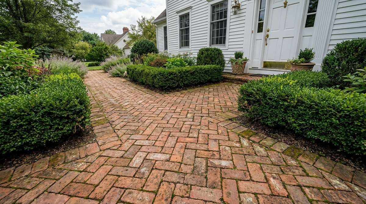 A classic herringbone brick pattern creating an elegant formal entry for a small front garden, featuring clay pavers that develop attractive patina over time, with the intricate layout adding texture and visual interest while drawing focus upward toward the doorway.