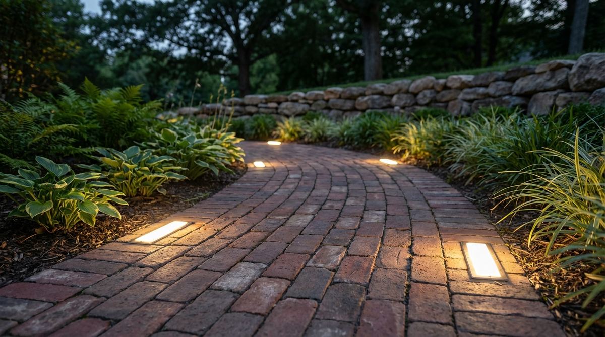 A close-up view of brick paver LED inserts installed flush in a garden pathway, showcasing how these specialized LED modules replace standard paving bricks to provide subtle, integrated lighting that emphasizes circulation flow without adding vertical elements.