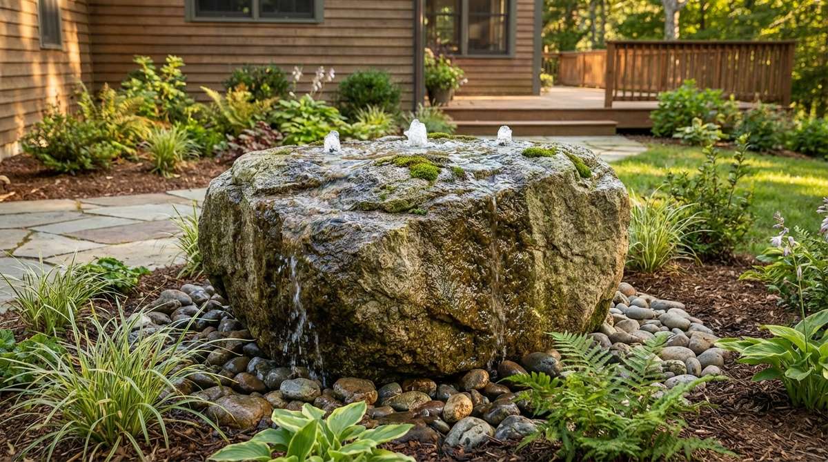 A natural granite boulder with drilled vertical channels creating a bubbling water feature, showing water welling from the stone top and flowing over textured surfaces in a garden setting.