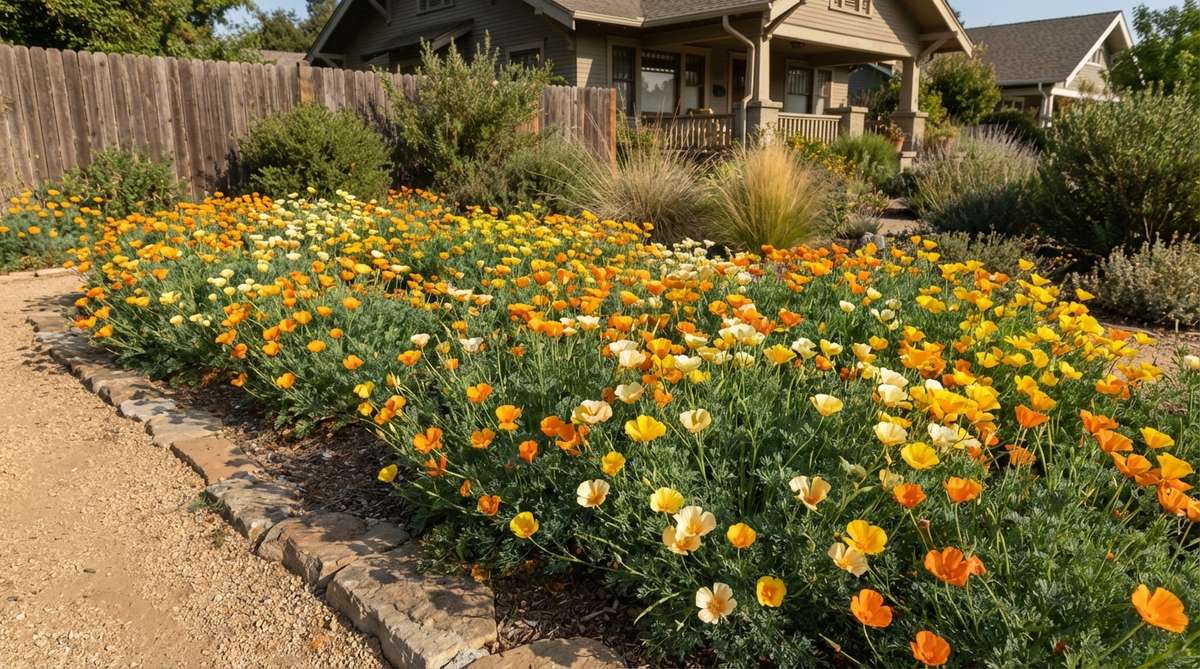 A vibrant display of California Poppy Golden Carpet (Eschscholzia californica) with orange, yellow, and cream flowers blooming in sunshine, set against blue-green ferny foliage. This drought-tolerant annual forms low mounds, creating an attractive groundcover that thrives in poor, well-drained soils, ideal for filling gaps in cottage garden designs.